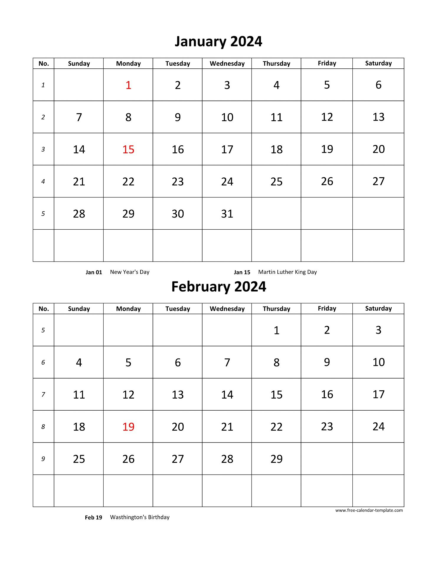 Monthly Calendar 2024, 2 Months Per Page (Vertical) | Free |  Calendar 2024