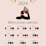 Moon Phases Calendar 2024 With A Girl Doing Yoga. Waning Gibbous | 2024 Full Moon Calendar Printable