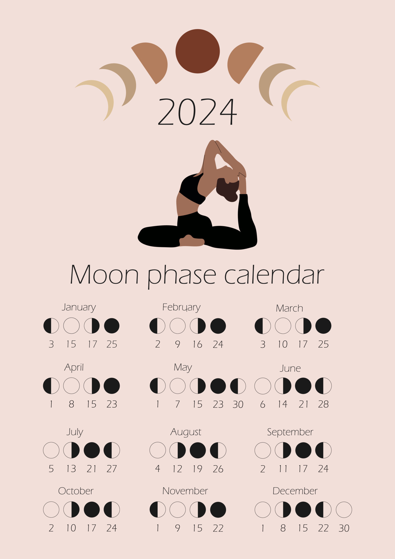 Moon Phases Calendar 2024 With A Girl Doing Yoga. Waning Gibbous | 2024 Full Moon Calendar Printable