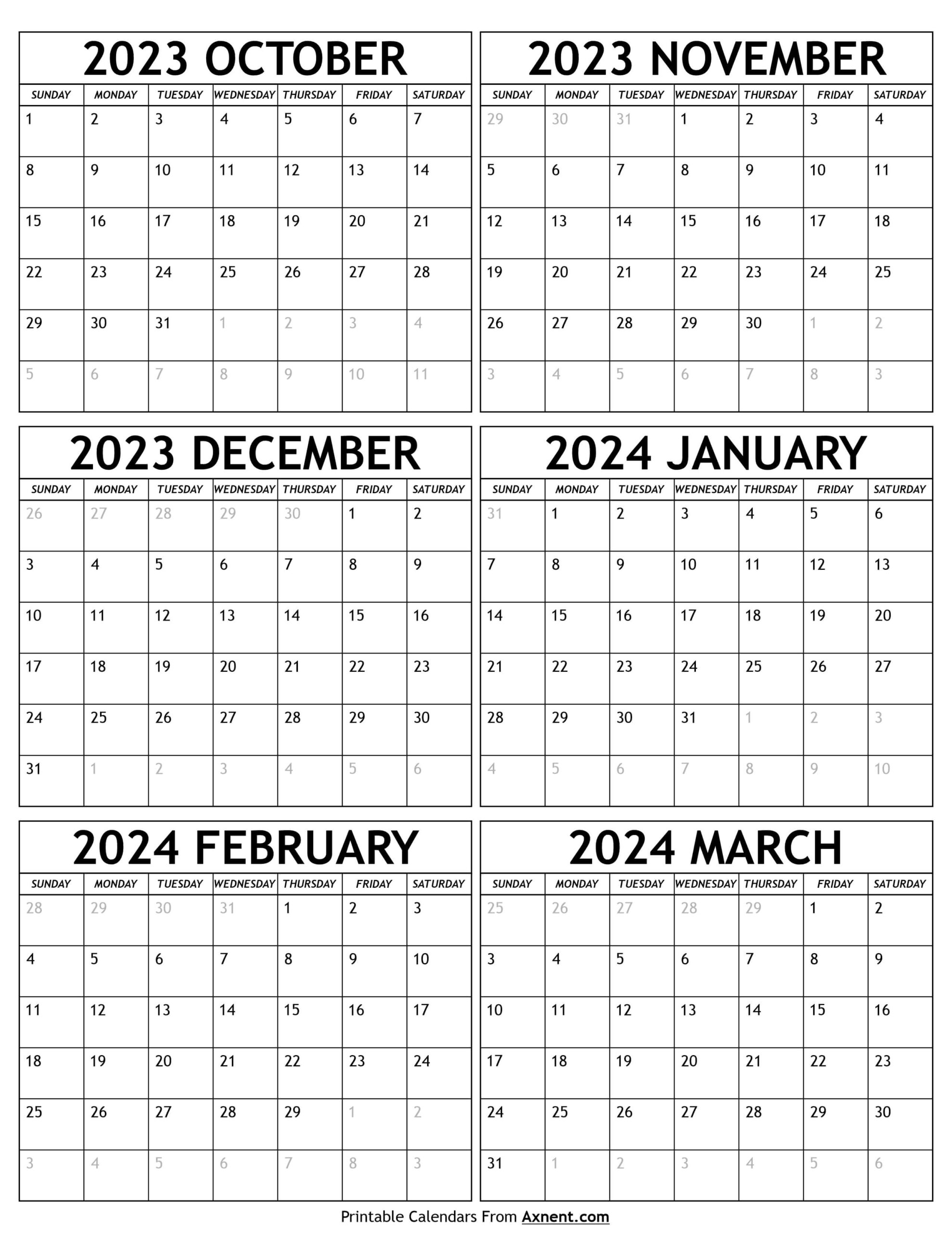 October 2023 To March 2024 Calendar Templates - Six Months |  Calendar 2024
