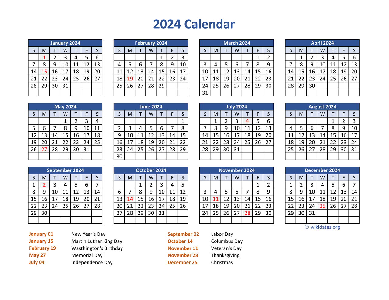 Pdf Calendar 2024 With Federal Holidays | Wikidates | 2024 Calendar With Federal Holidays Printable Pdf