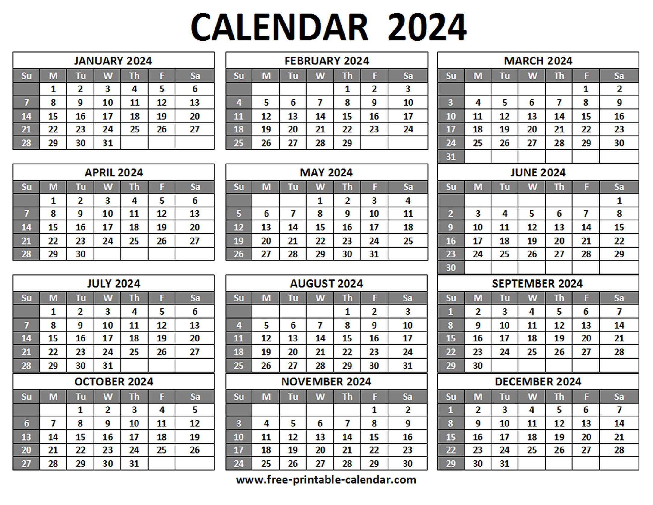 Printable 2024 Calendar - Free-Printable-Calendar | 2024 Calendar Free Printable One Page