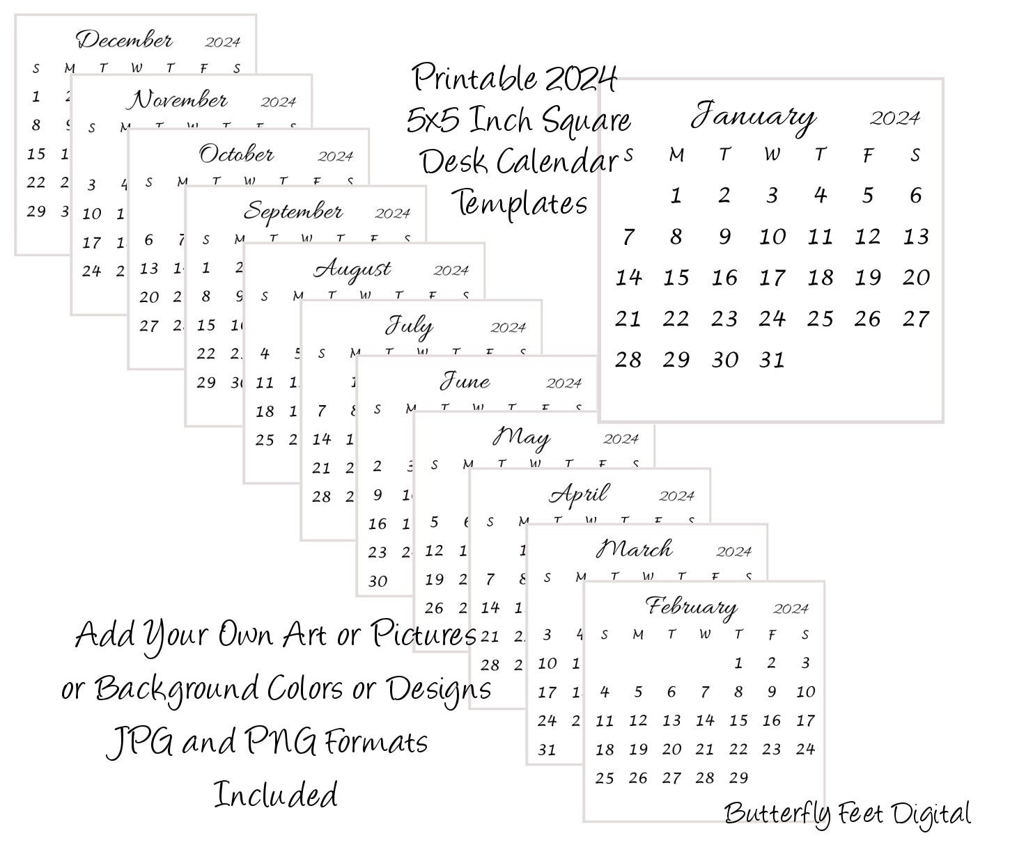 Printable 2024 Calendar Templates 5X5 Inch Square Mini Desk - Etsy | Pocket Size Calendar 2024 Printable