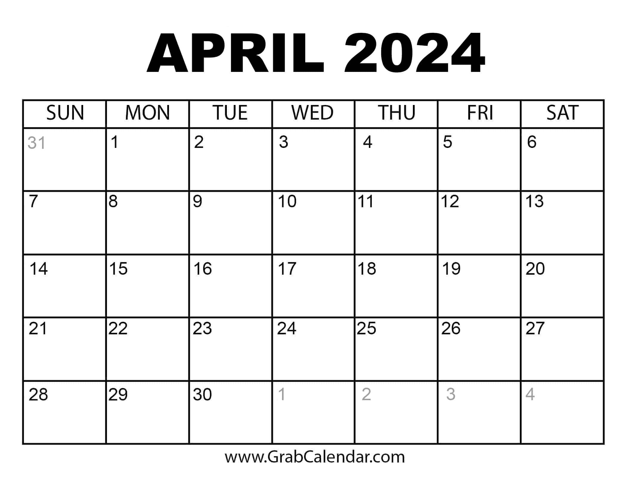 Printable April 2024 Calendar | April 2024 Calendar Free Printable