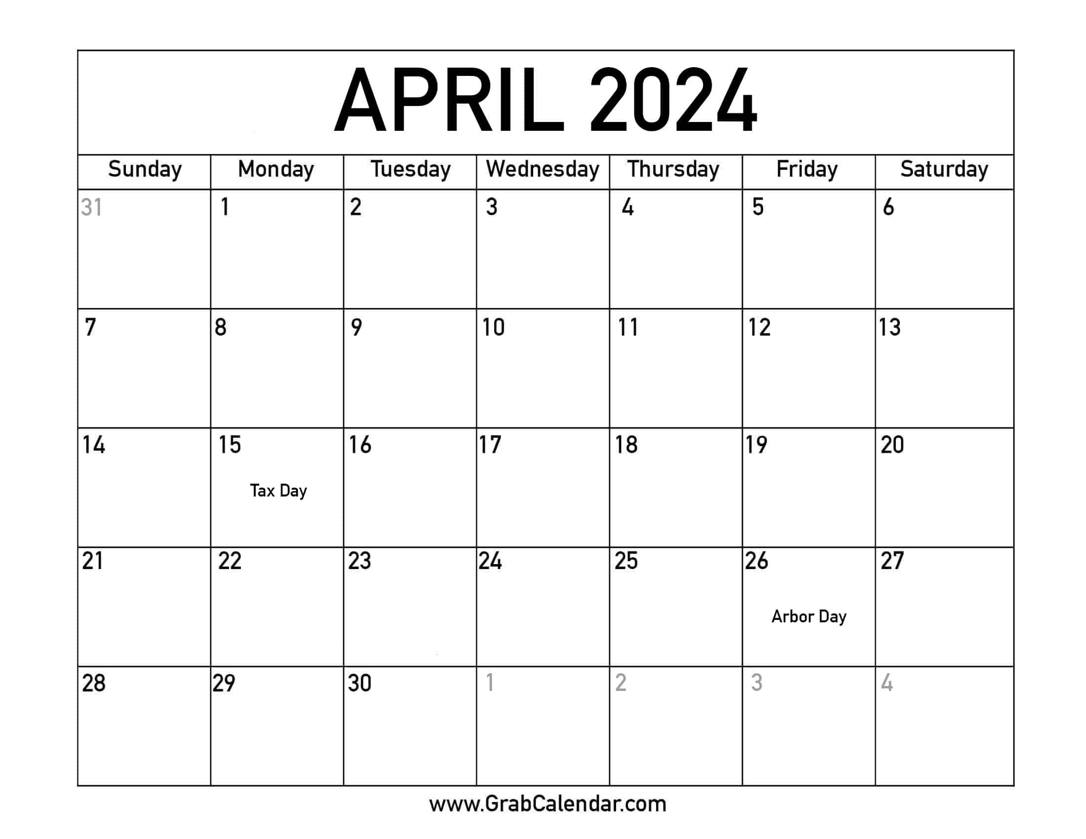 Printable April 2024 Calendar | Printable April 2024 Calendar with Holidays