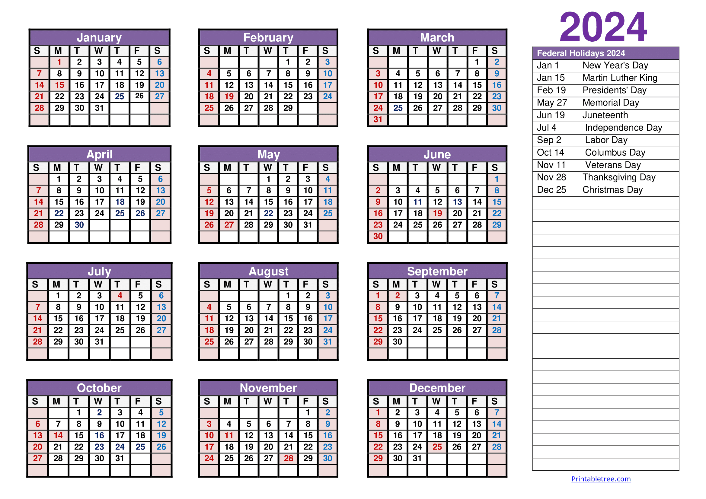 Printable Calendar 2024 One Page With Holidays (Single Page) 2024 | 2024 Annual Calendar Printable