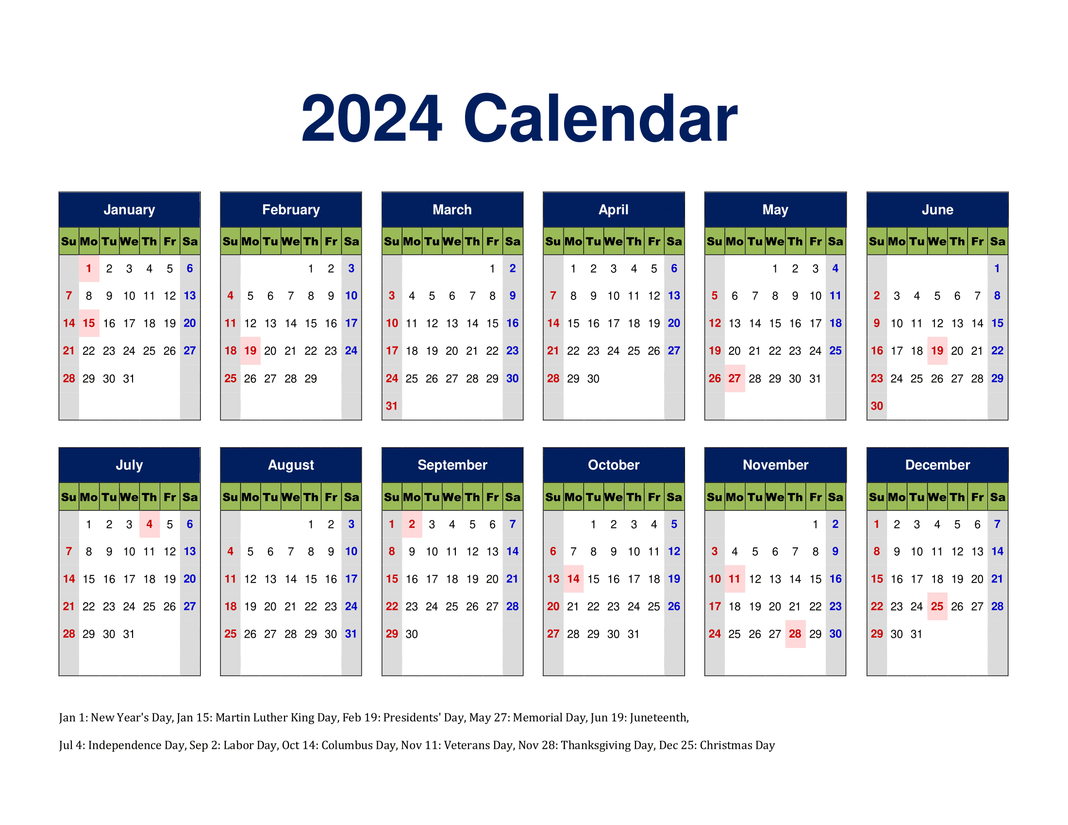 Printable Calendar 2024 One Page With Holidays (Single Page) 2024 | 2024 Julian Calendar Printable