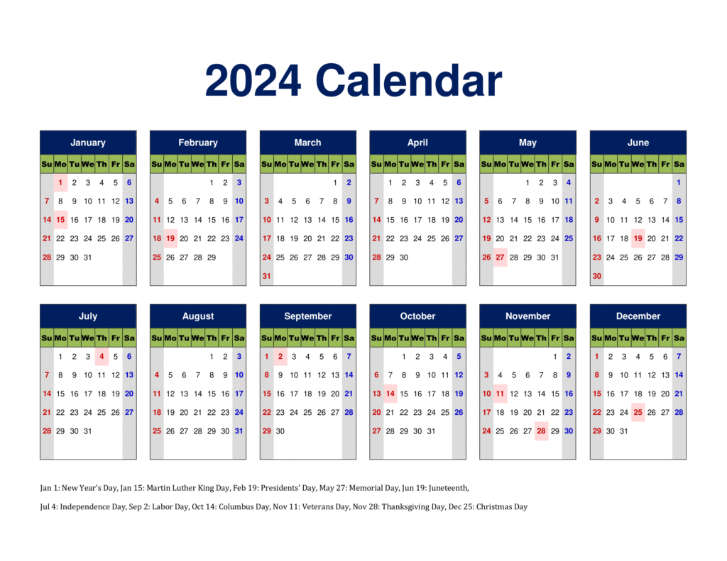 2024 Printable Calendar One Page with Holidays Printable Free ...