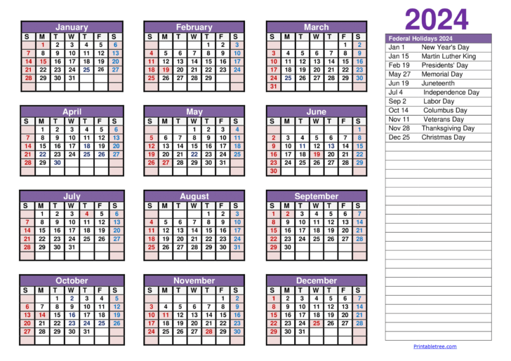 2024 Calendar with Holidays Printable PDF | Calendar 2024