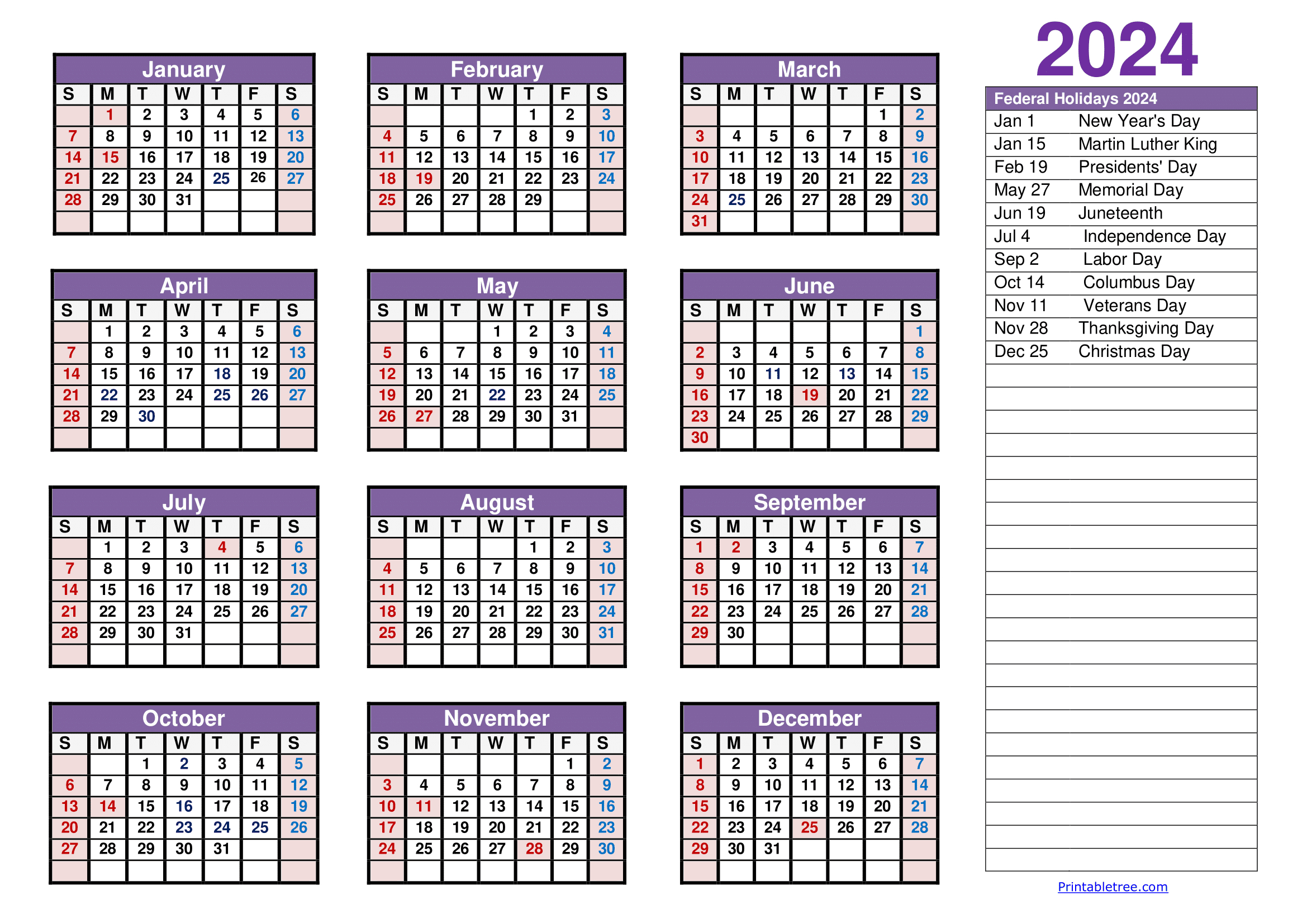 Printable Calendar 2024 One Page With Holidays (Single Page) 2024 |  Calendar 2024