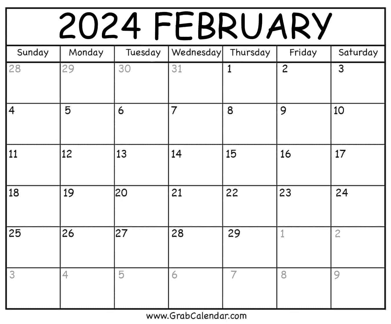 Printable February 2024 Calendar | February 2024 Calendar Printable