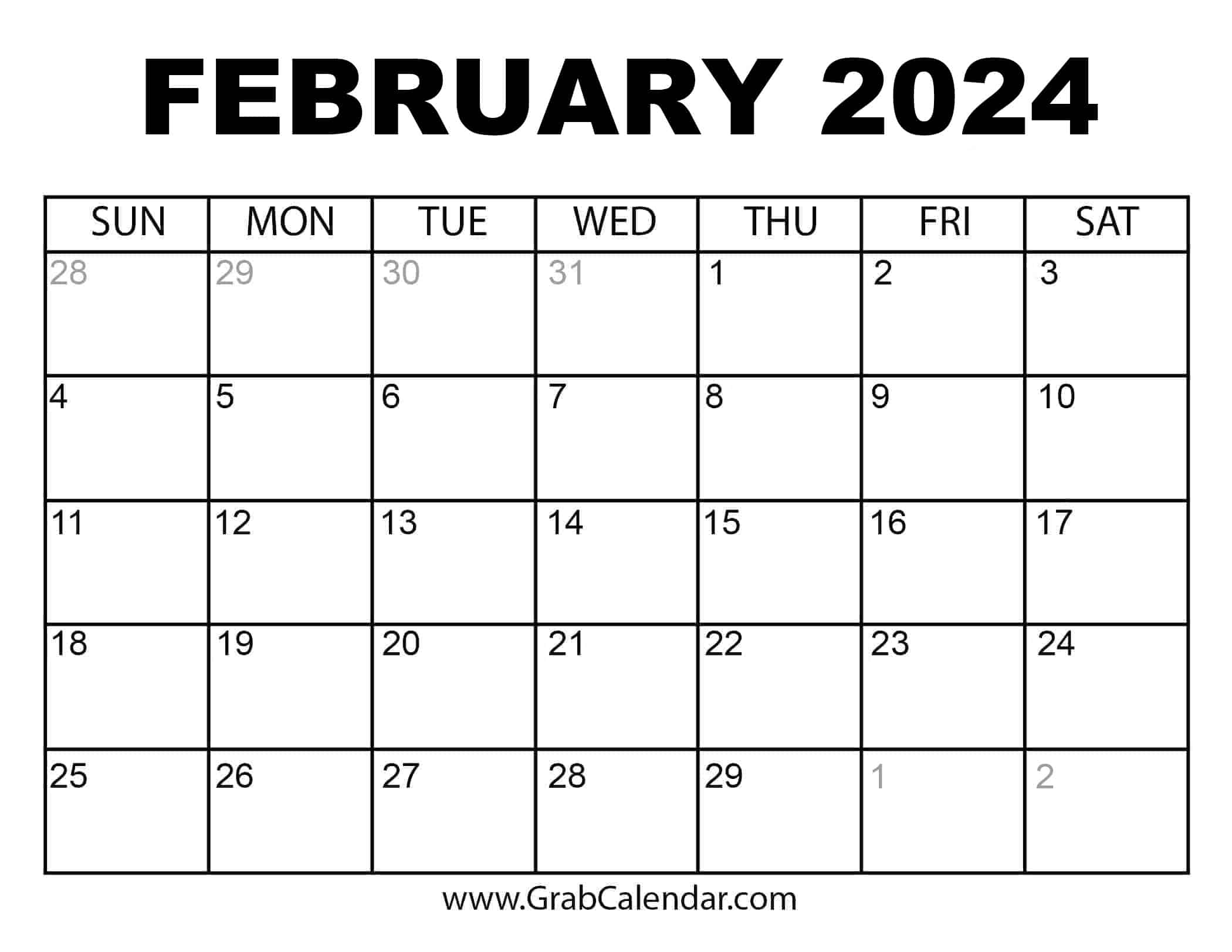 Printable Monthly Calendar February 2024 | Calendar 2024 | Printable ...