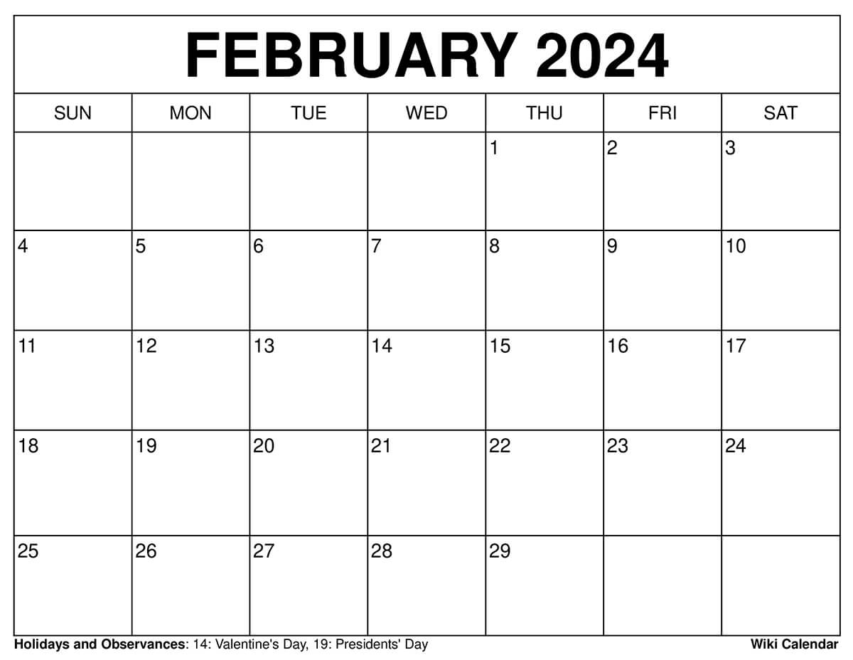 Printable February 2024 Calendar Templates With Holidays | Free Calendar Template 2024 Printable