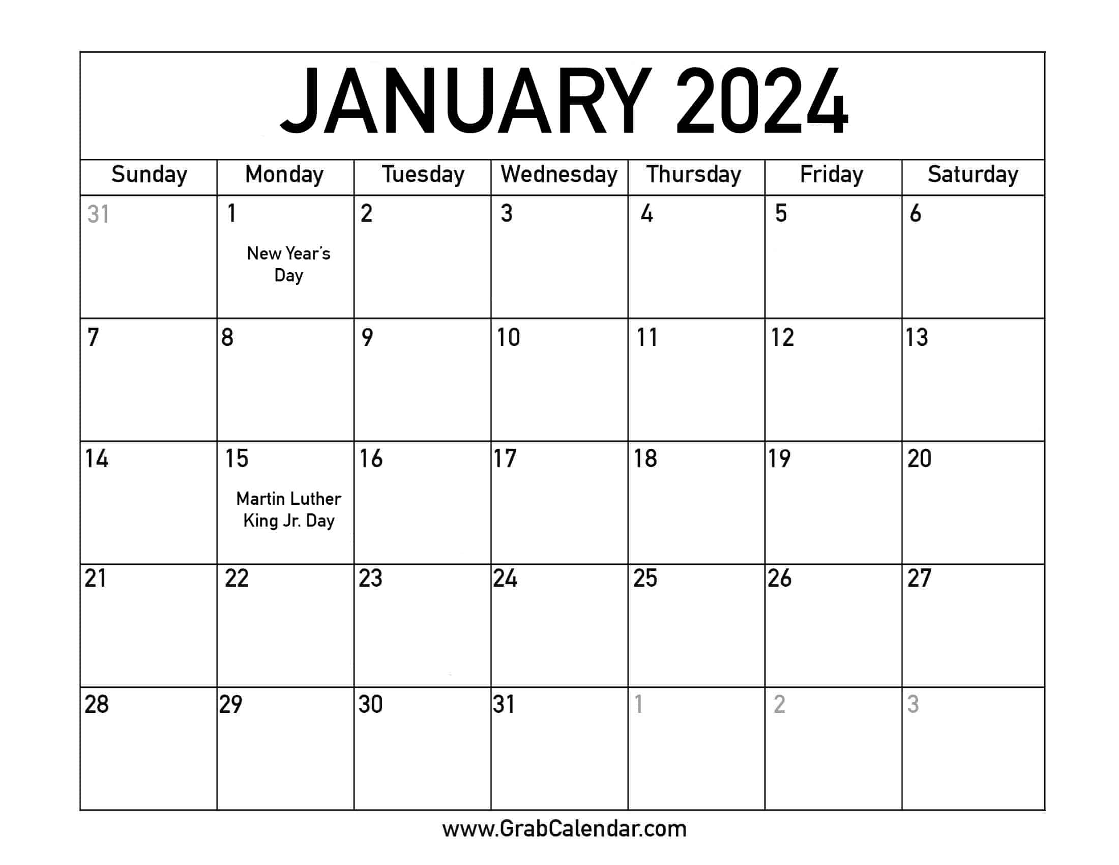 Printable January 2024 Calendar | 2024 Free Printable Calendar With Holidays