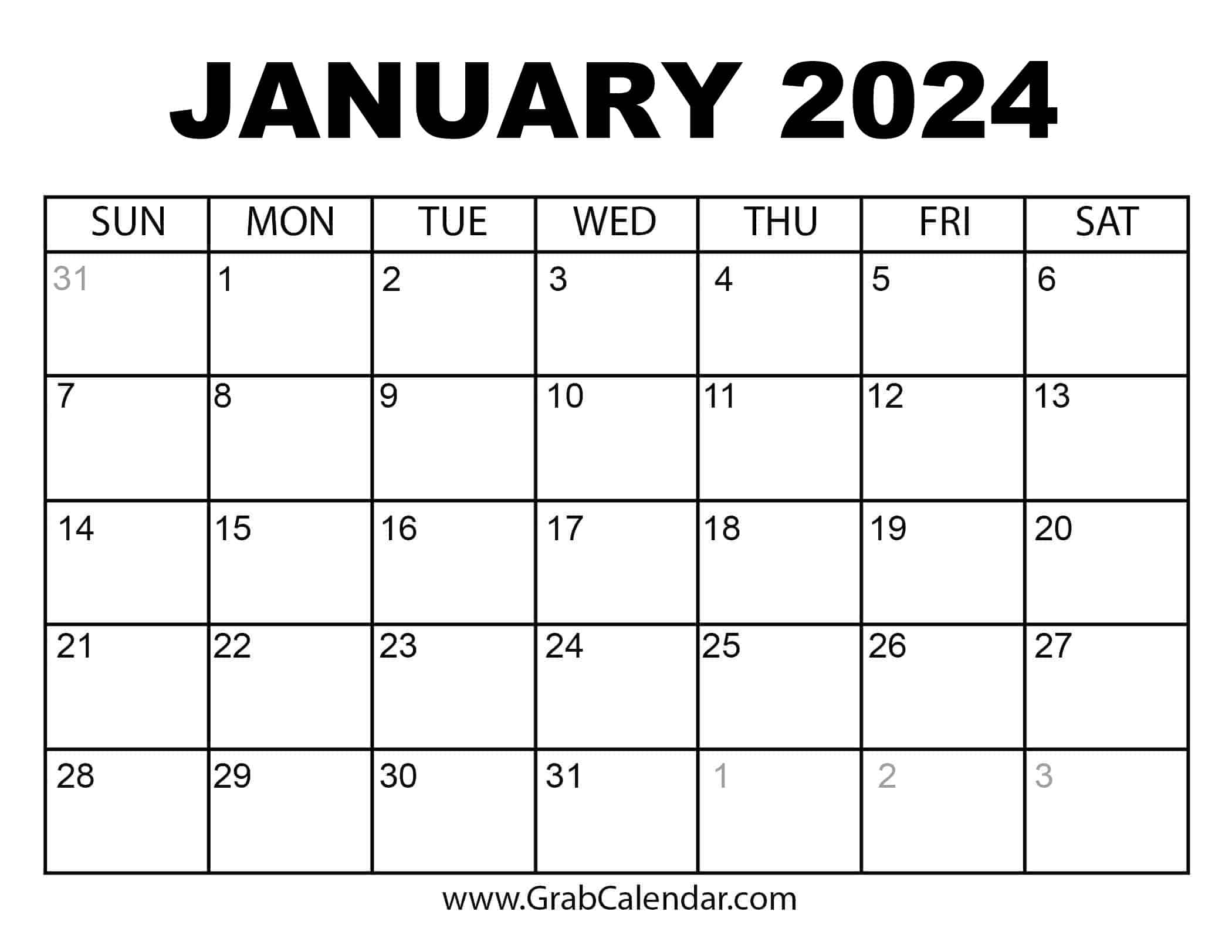 Printable January 2024 Calendar | Printable 2024 January Calendar