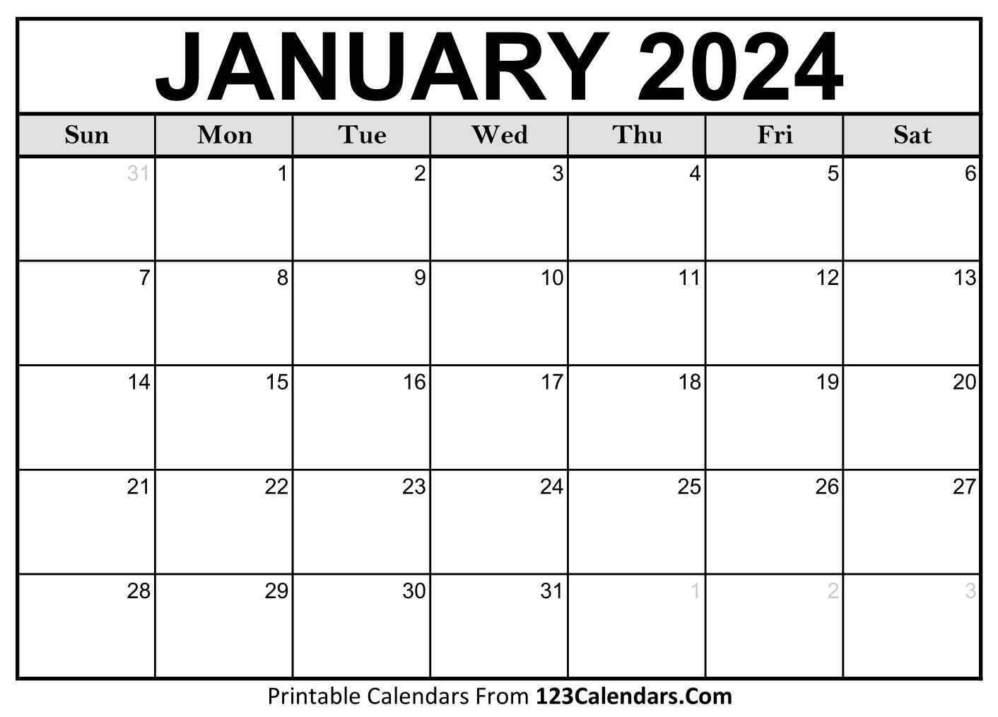 Printable January 2024 Calendar Templates - 123Calendars | 2024 January Calendar Printable