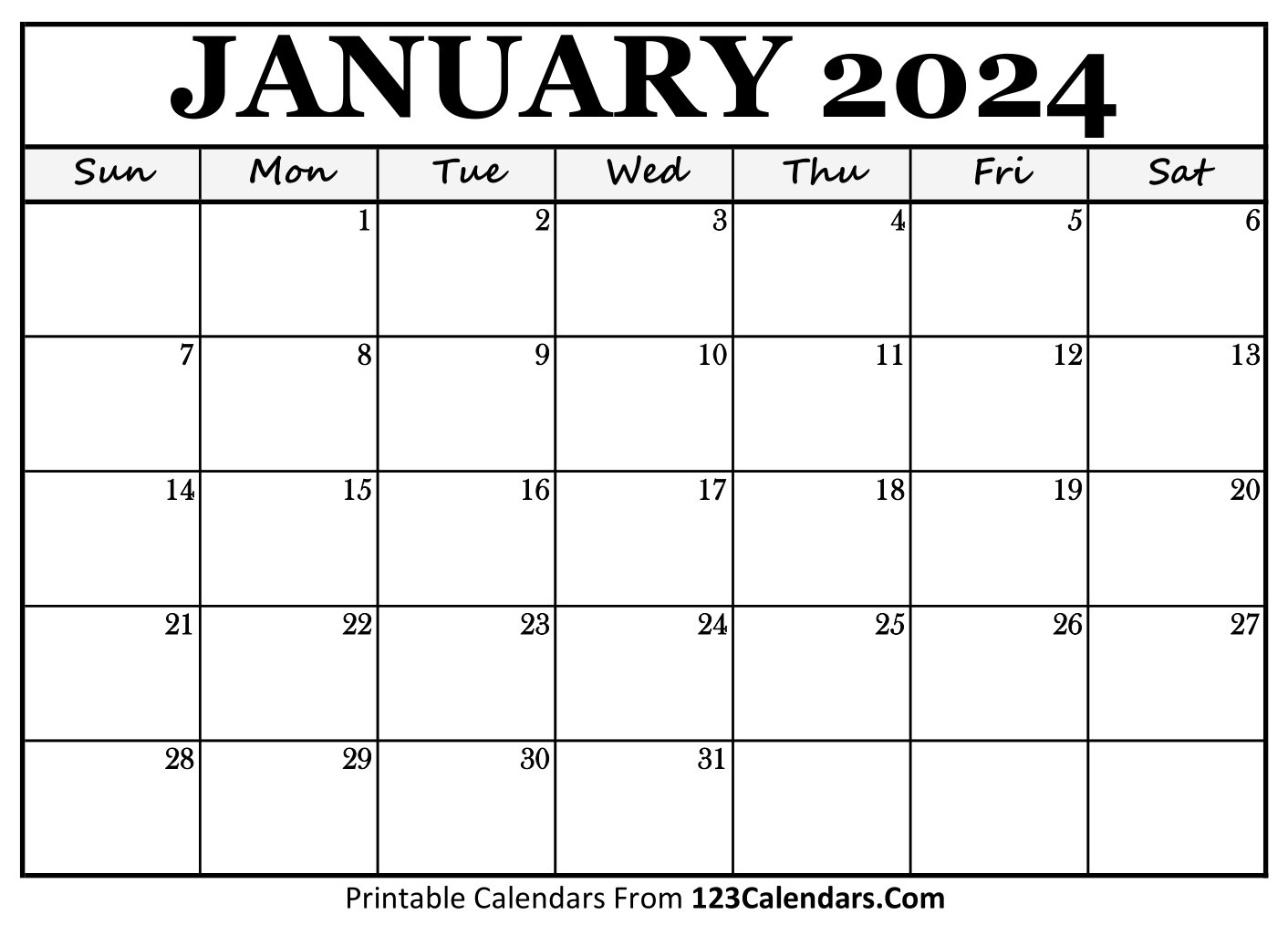 Printable January 2024 Calendar Templates - 123Calendars | Blank Calendar January 2024 Free Printable