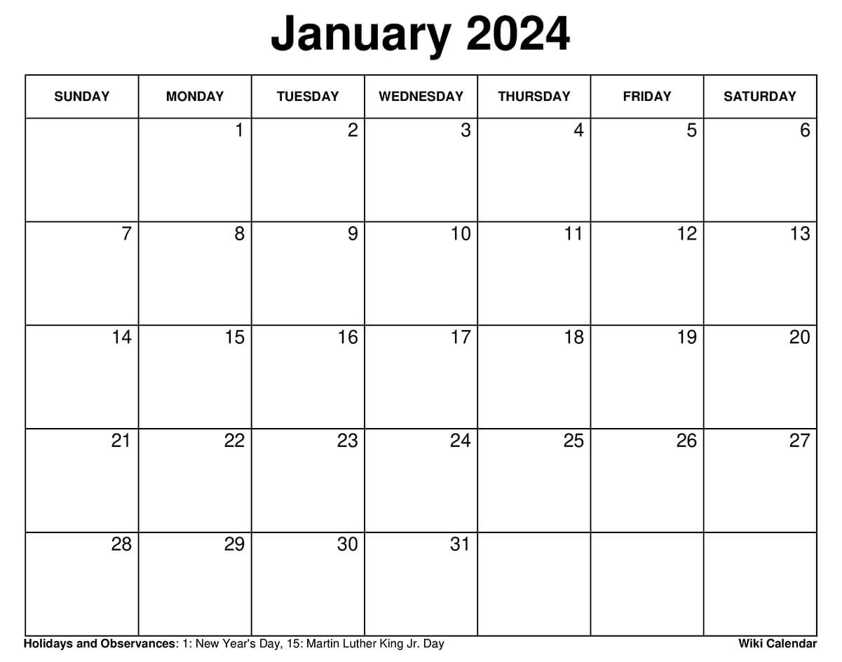 Printable January 2024 Calendar Templates With Holidays | 2024 Monthly Calendar Printable Word