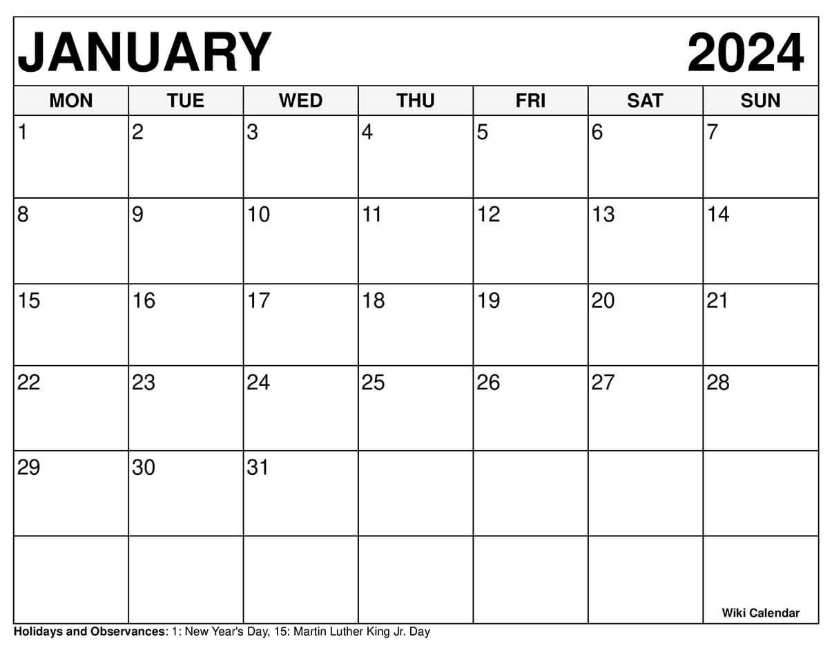 Printable January 2024 Calendar Templates With Holidays | January 2024 Calendar Printable Wiki