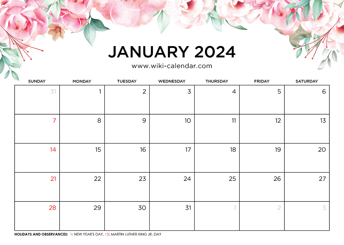 Printable January 2024 Calendar Templates With Holidays | January 2024 Calendar Printable Wiki