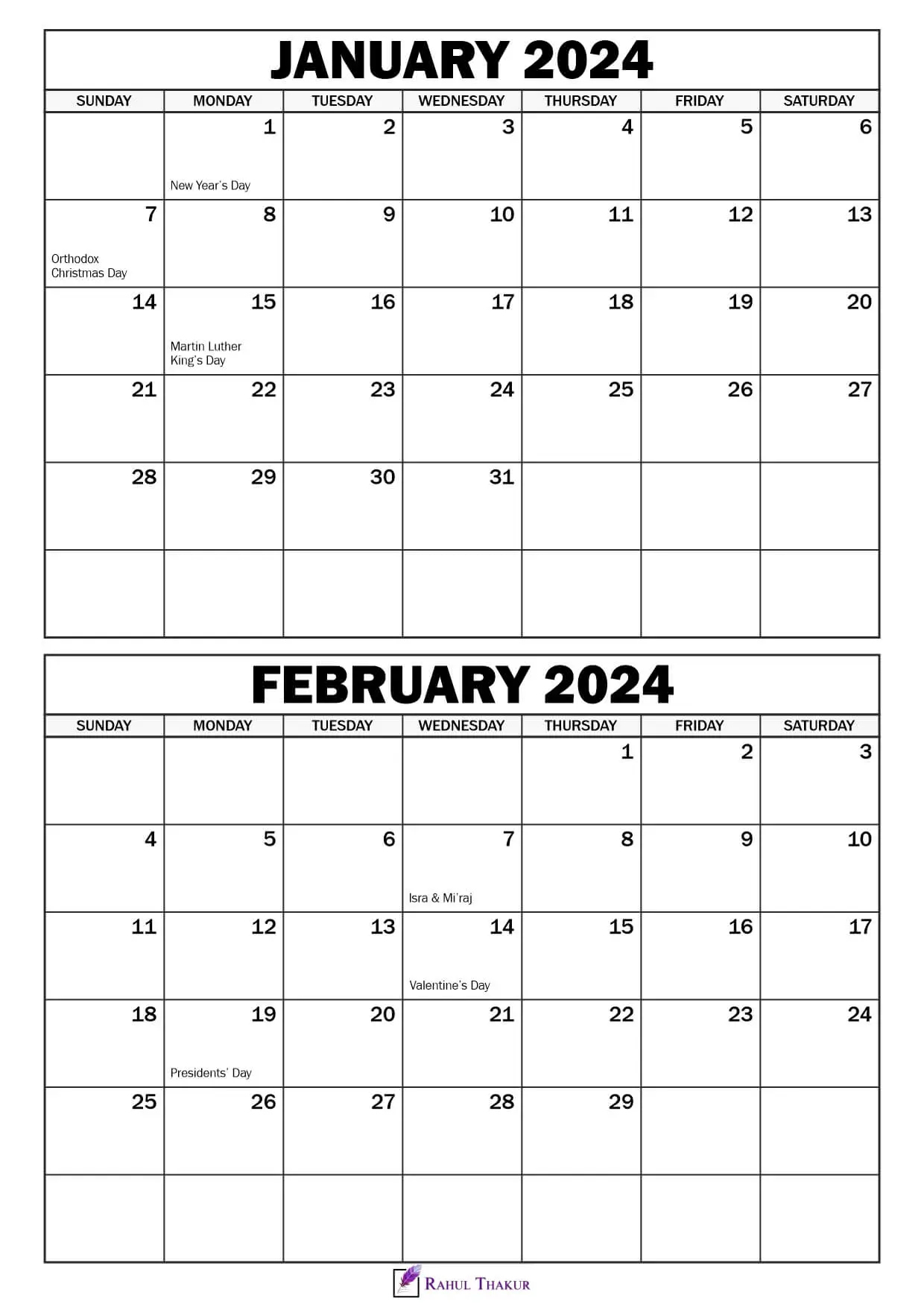 Printable January February 2024 Calendar Template - Thakur Writes | January February March 2024 Calendar Printable