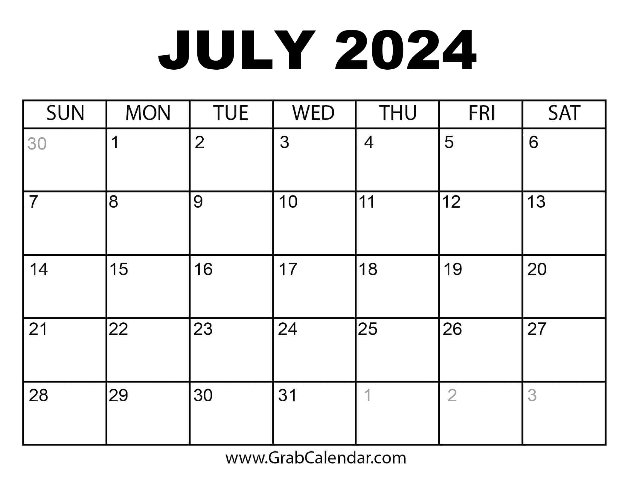 Printable July 2024 Calendar | July 2024 Calendar Printable