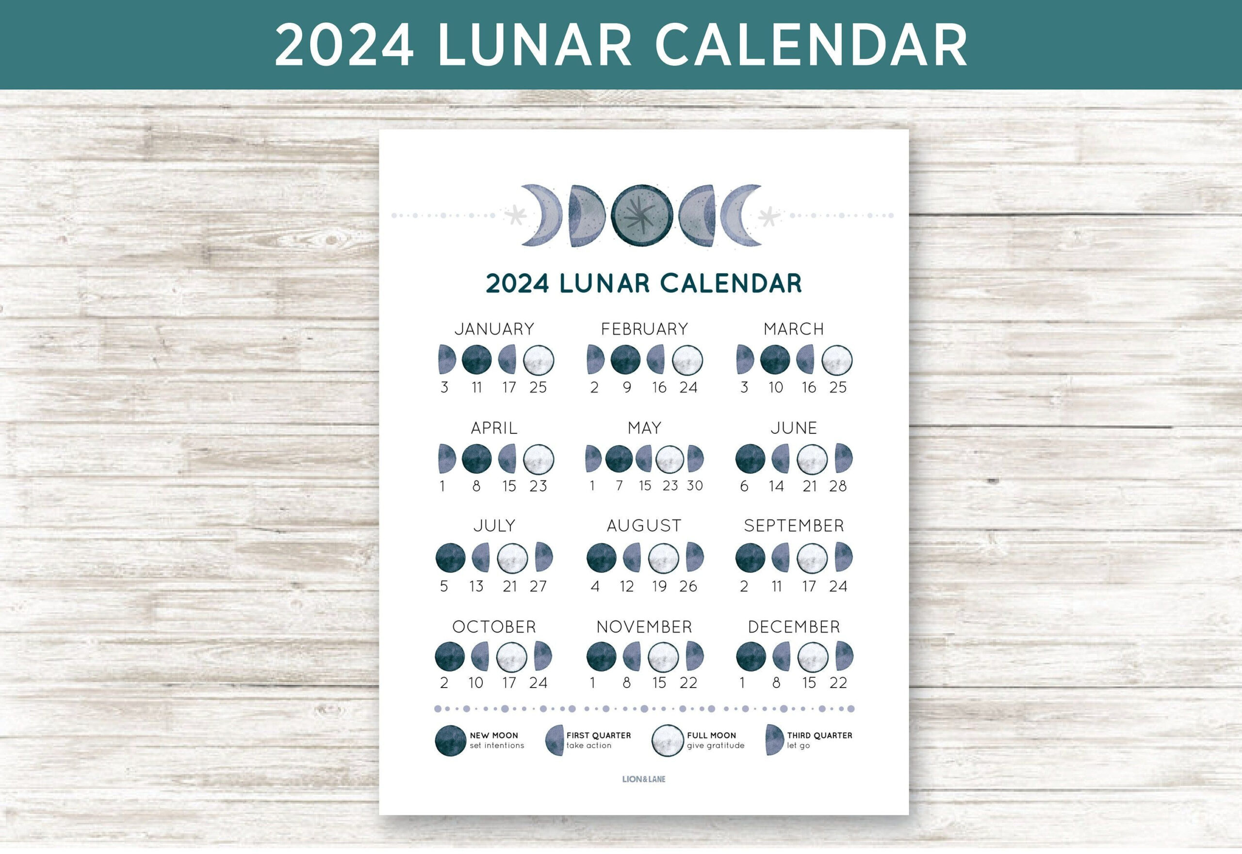 Printable Lunar Calendar 2024 Moon Phase Calendar 2024 - Etsy In | 2024 Lunar Calendar Printable