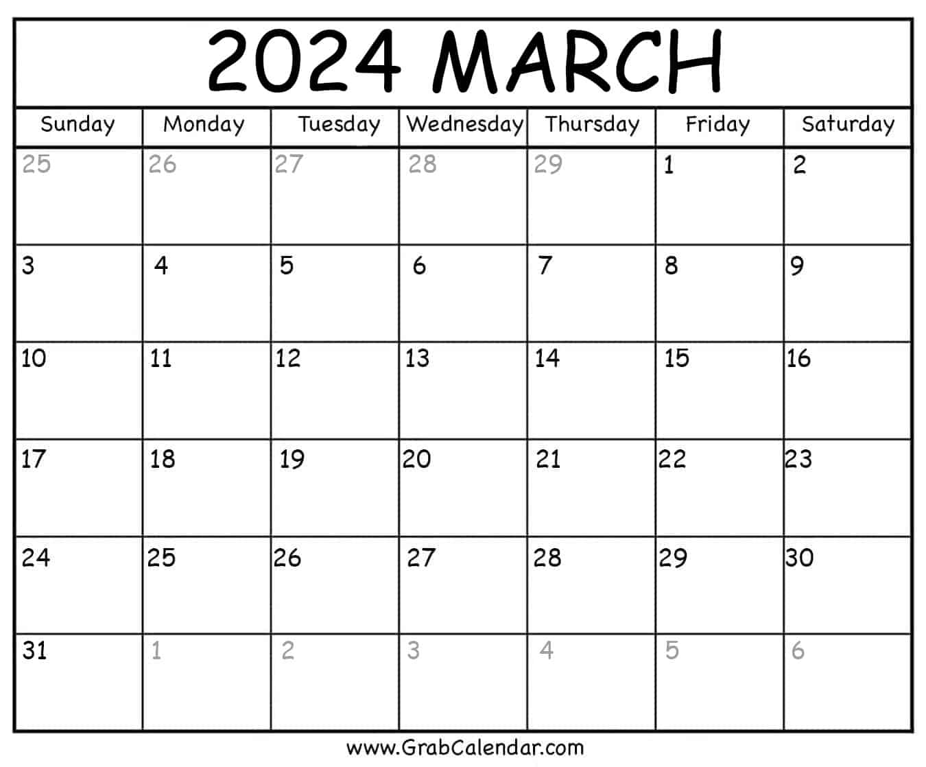 Printable March 2024 Calendar | March 2024 Calendar Printable