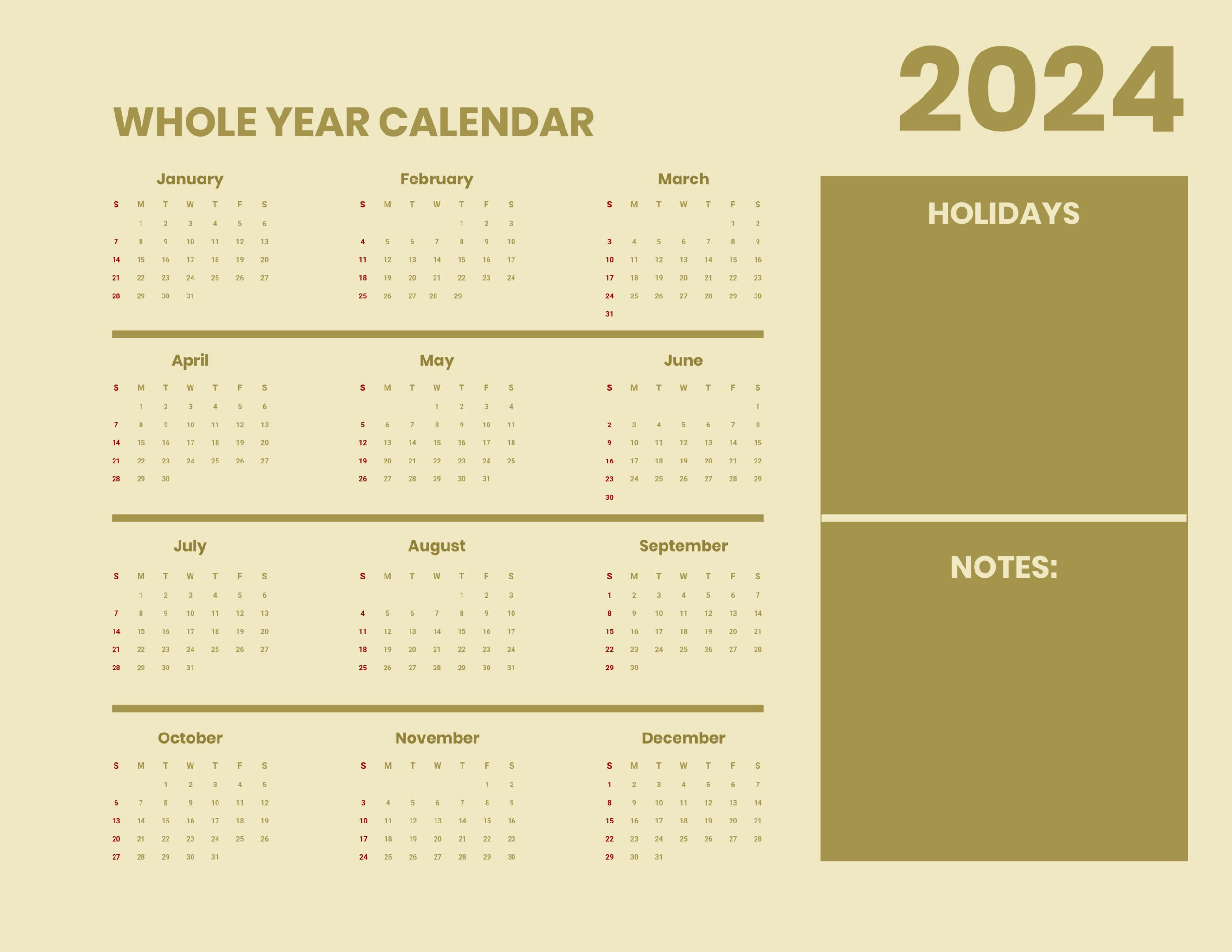 Printable Year 2024 Monthly Calendar - Download In Word |  Calendar 2024