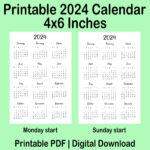 Printable Yearly 2024 Calendar 4X6 Inches Yearly Calendar   Etsy | Pocket Size Calendar 2024 Printable