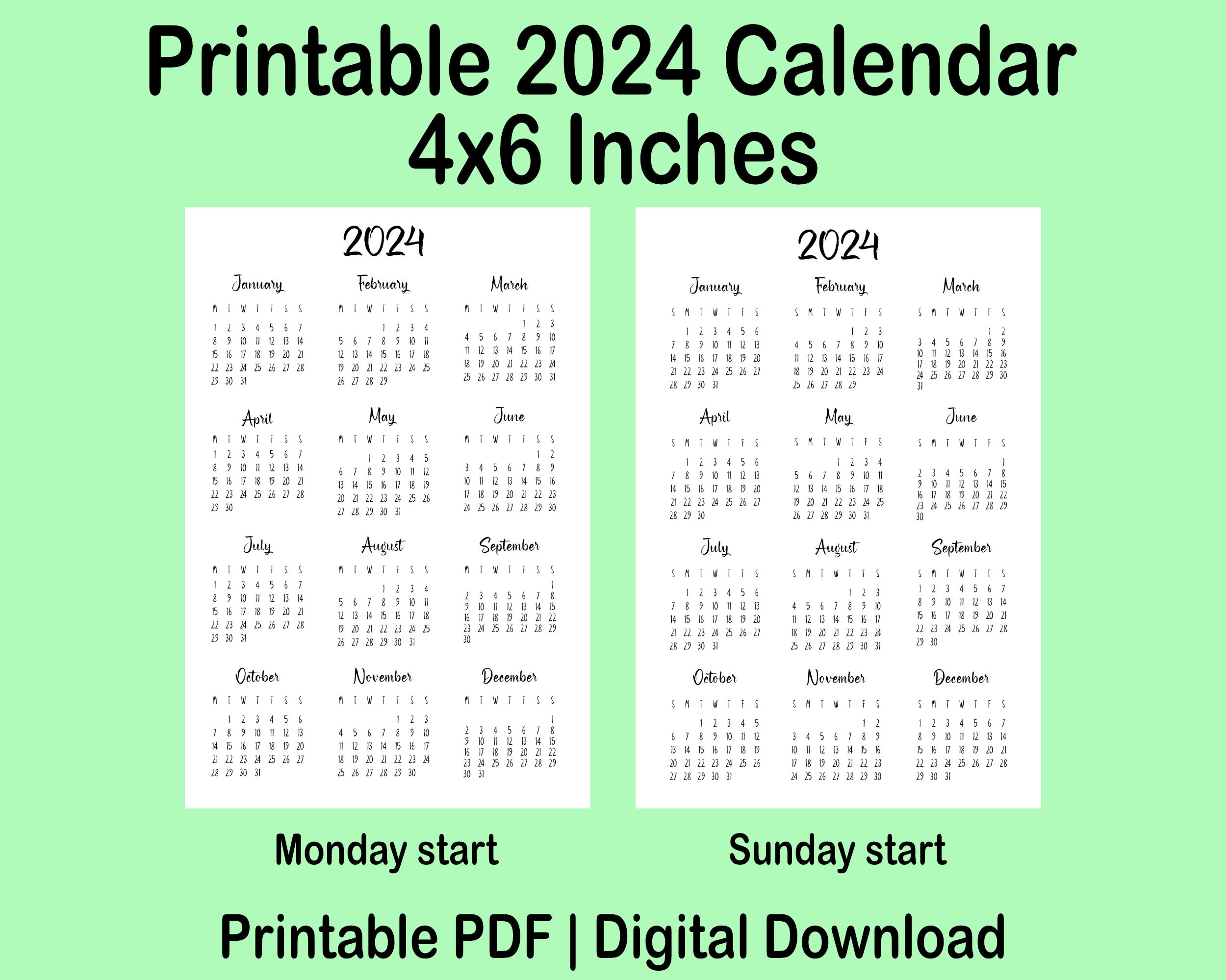 Printable Yearly 2024 Calendar 4X6 Inches Yearly Calendar - Etsy | Pocket Size Calendar 2024 Printable