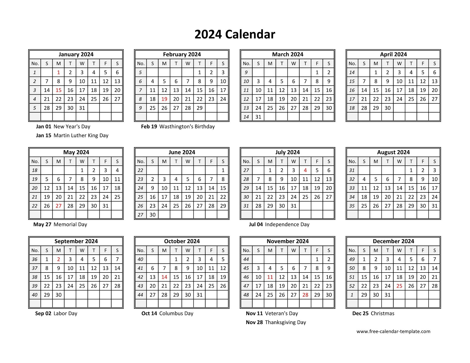 Printable Yearly Calendar 2024 | Free-Calendar-Template | 2024 Calendar Excel Printable