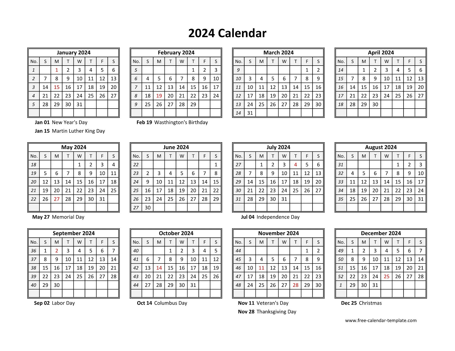 Printable Yearly Calendar 2024 | Free-Calendar-Template | 2024 Printable Calendar One Page Free