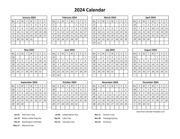 2024 Calendar with Federal Holidays Printable Free | Calendar 2024