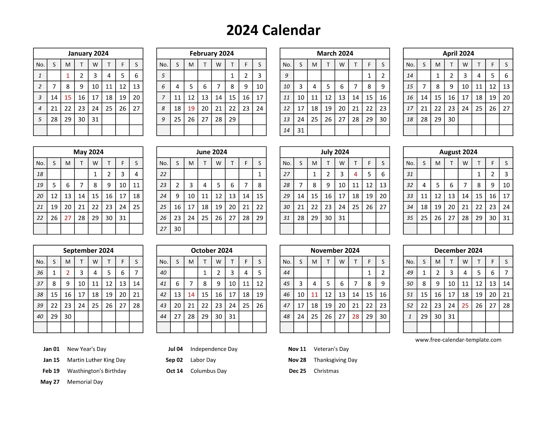 Printable Yearly Calendar 2024 With Us Holidays | Free-Calendar | 2024 Calendar With Federal Holidays Printable Free