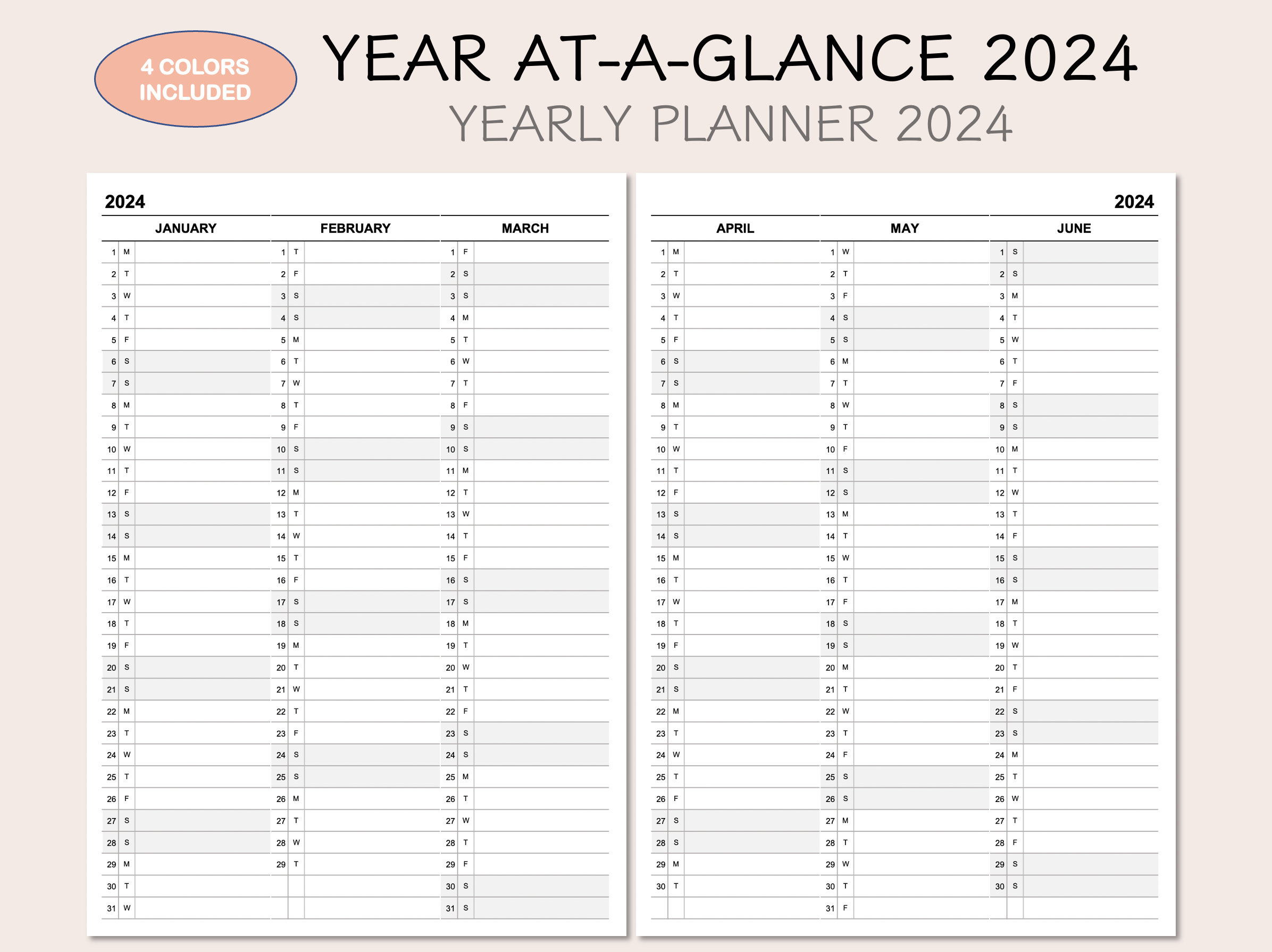 Printable Yearly Planner Calendar 2024 Yearly Overview 2024 - Etsy Uk |  Calendar 2024