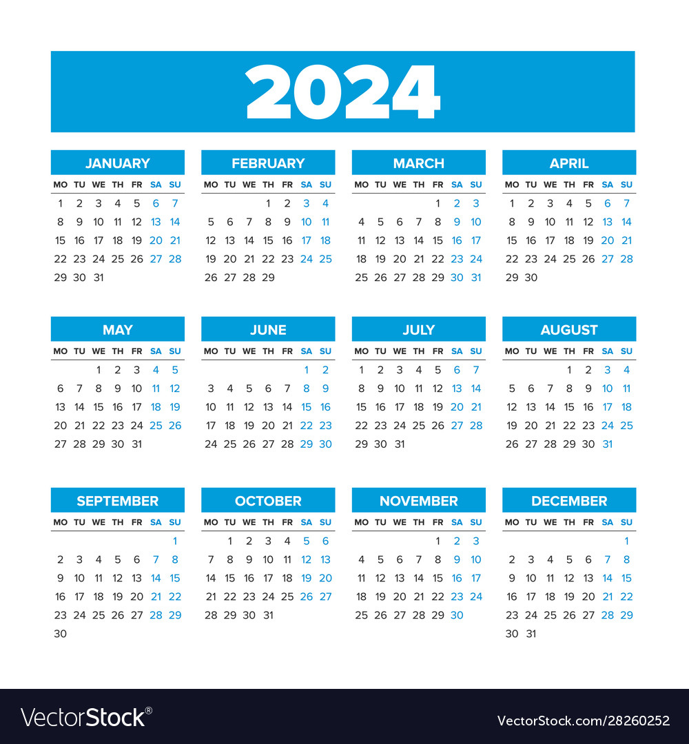 Simple Calendar 2024 Weeks Start On Monday Vector Image | Free Printable 2024 Calendar Monday Start