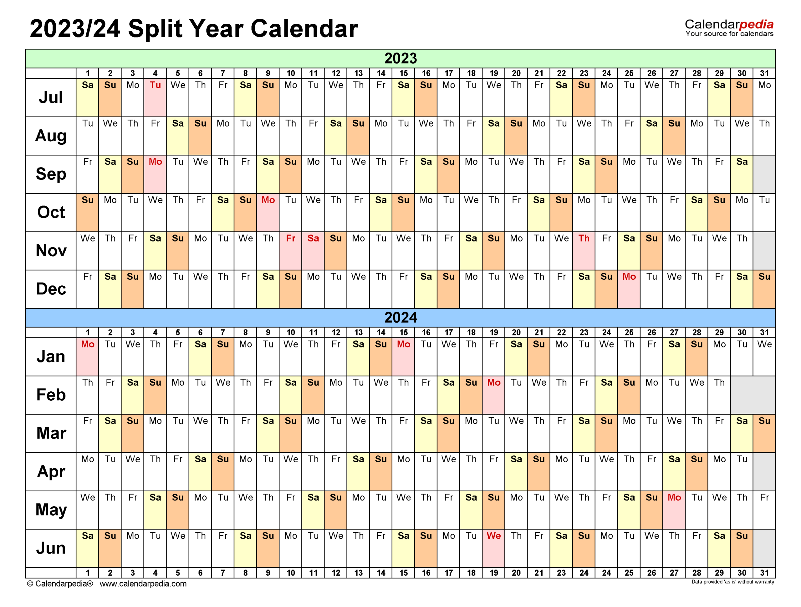 Split Year Calendars 2023/2024 (July To June) - Pdf Templates |  Calendar 2024