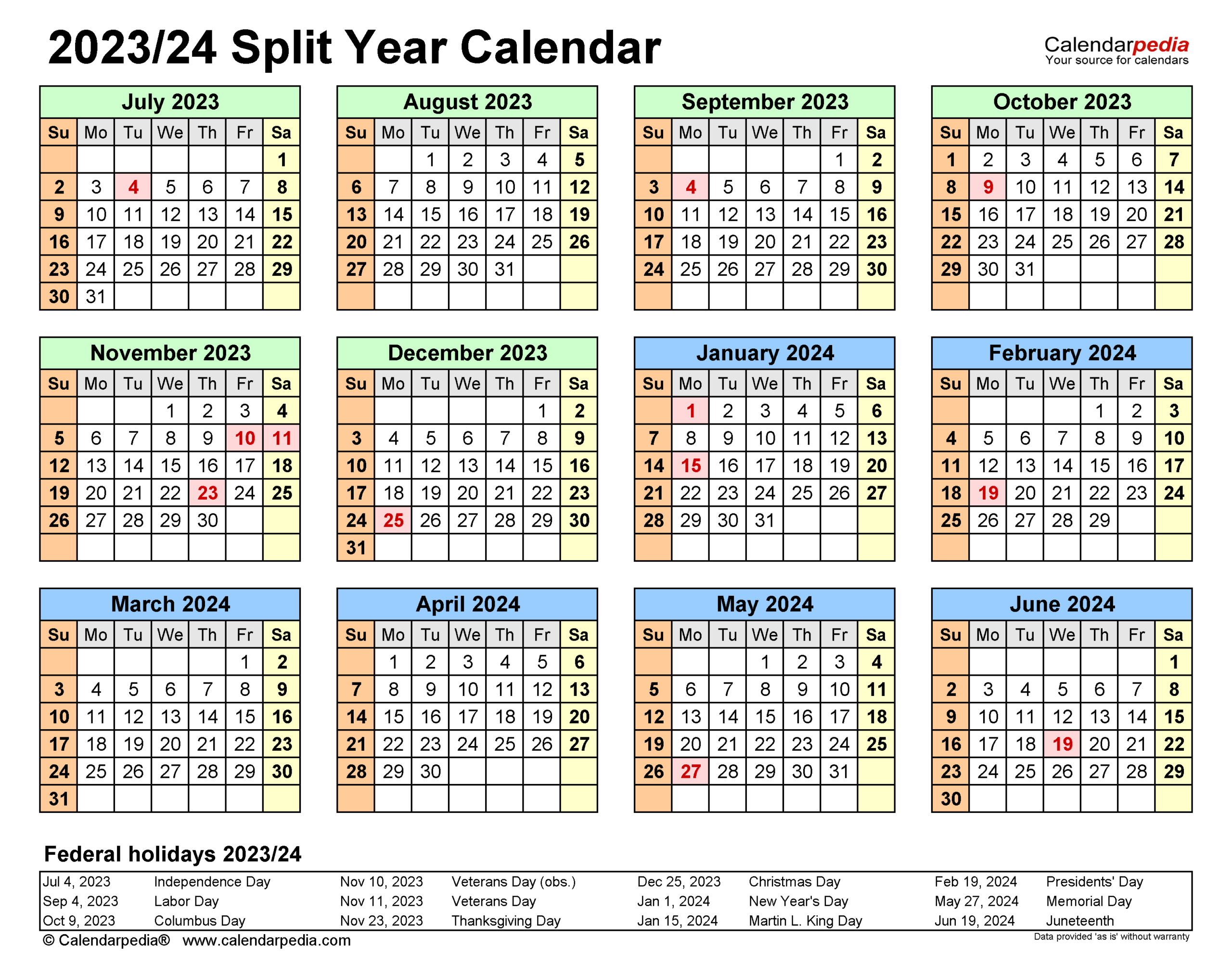 Split Year Calendars 2023/2024 (July To June) - Pdf Templates | Calendar July 2023 to June 2024 Printable