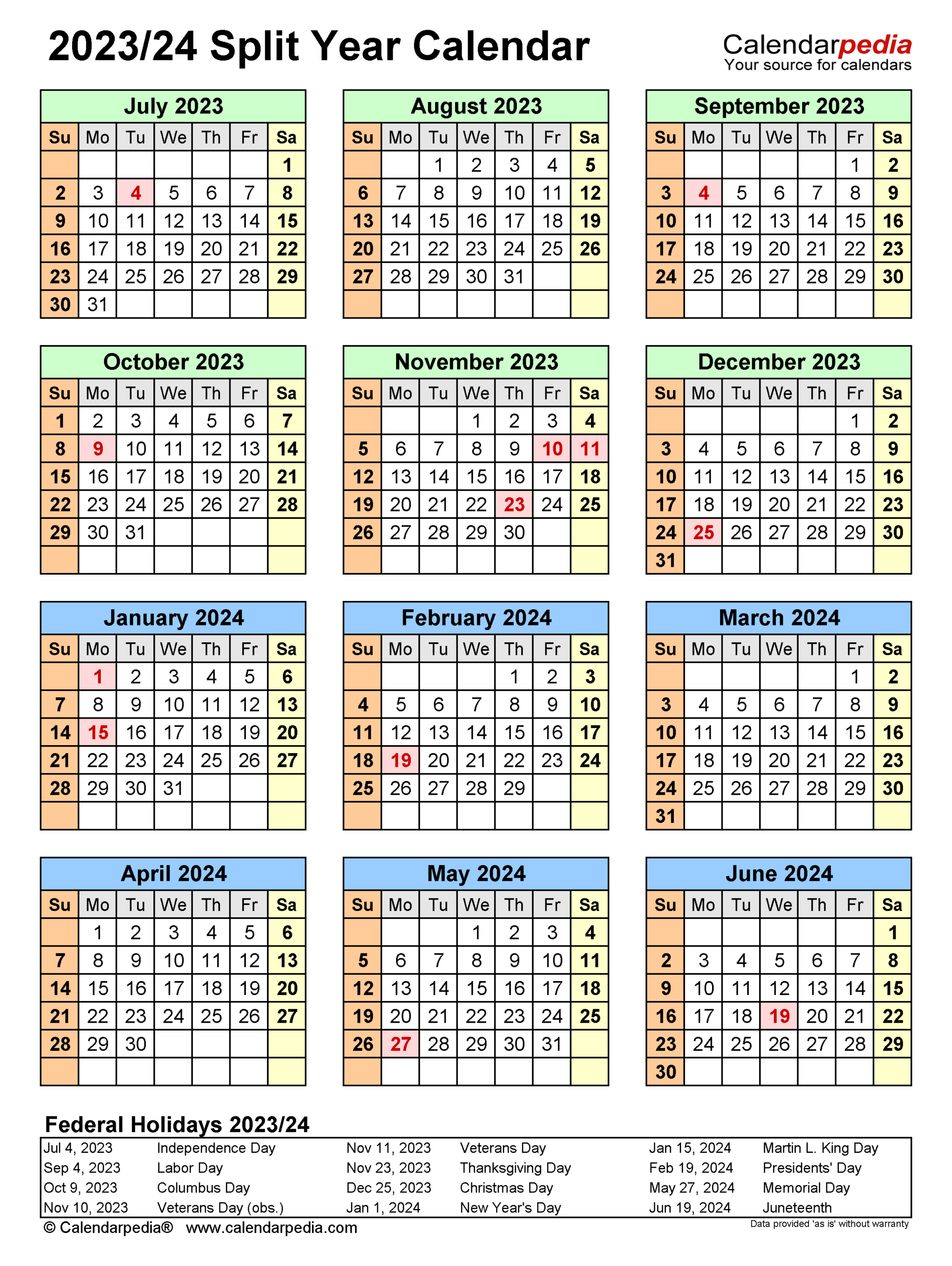 Split Year Calendars 2023/2024 (July To June) - Pdf Templates | Printable Calendar September 2023 to August 2024