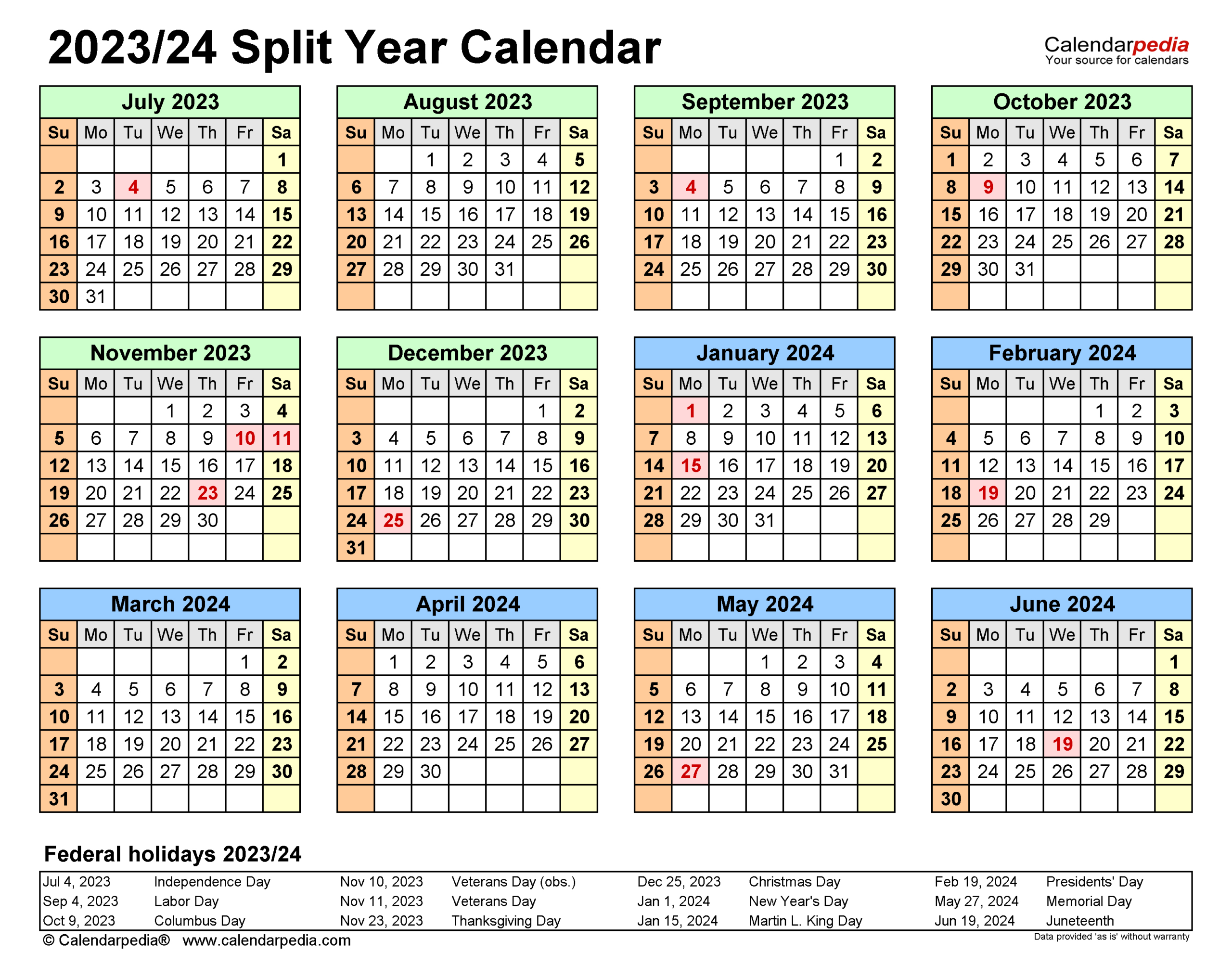 Split Year Calendars 2023/2024 (July To June) - Pdf Templates | Printable Calendar September 2023 To August 2024