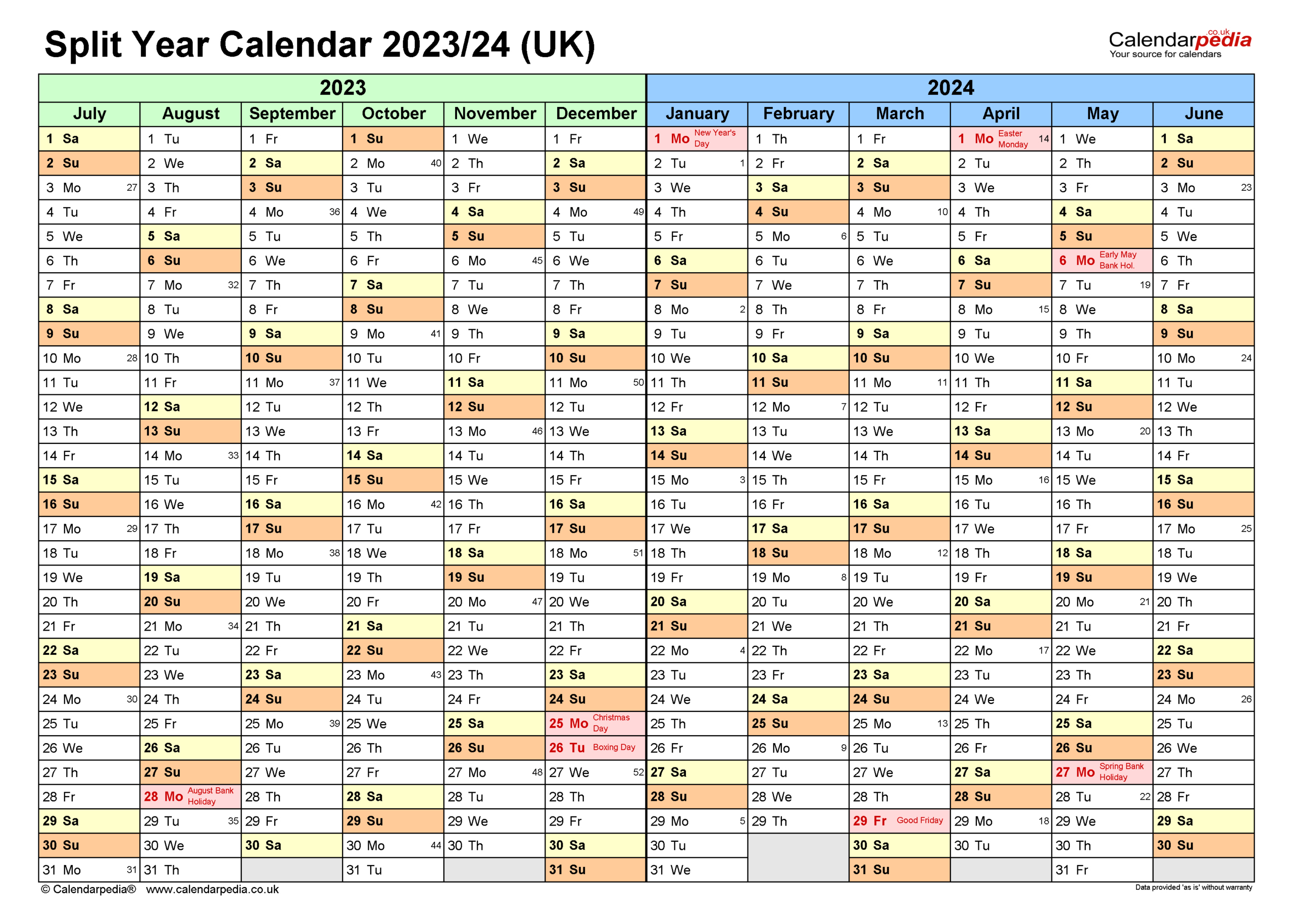 Split Year Calendars 2023/24 Uk (July To June) For Pdf | Printable Calendar September 2023 To August 2024