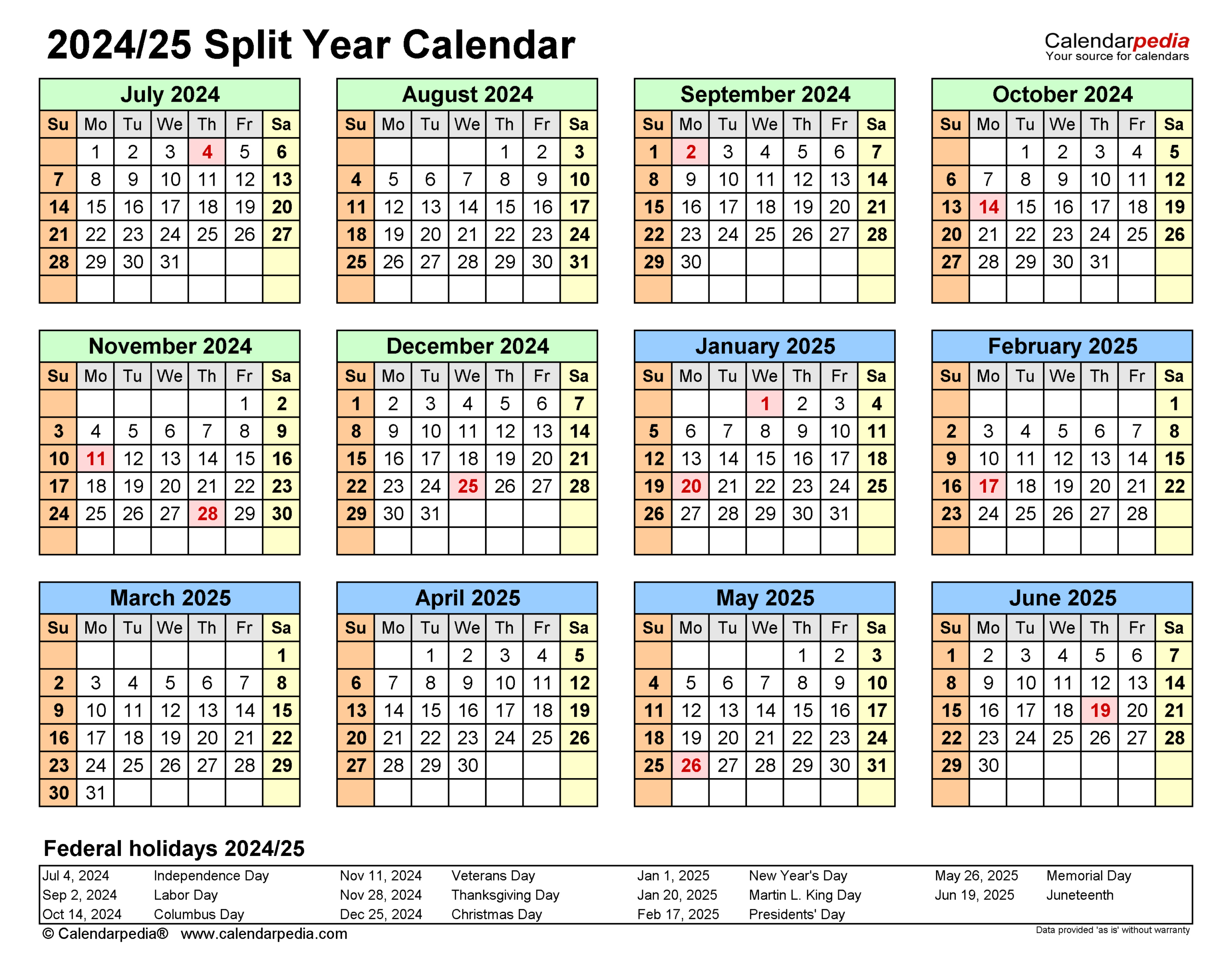 Split Year Calendars 2024/2025 (July To June) - Pdf Templates | 2024 and 2025 United States Printable Calendar