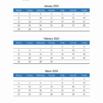 Three Month Calendar Template   Q1 2024 |  Calendar 2024