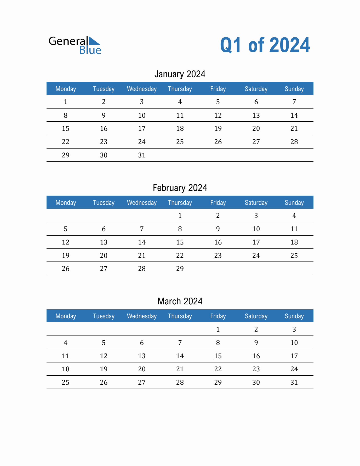 Three-Month Calendar Template - Q1 2024 |  Calendar 2024