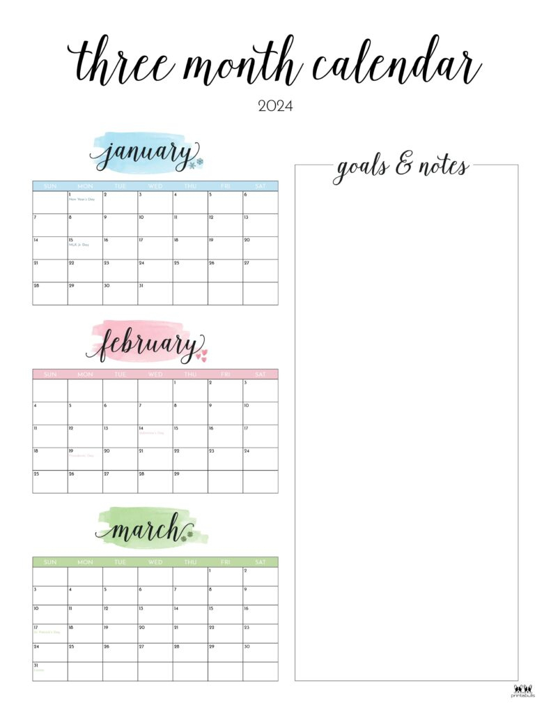 Three Month/Quarterly Calendars - 36 Free Calendars | Printabulls |  Calendar 2024