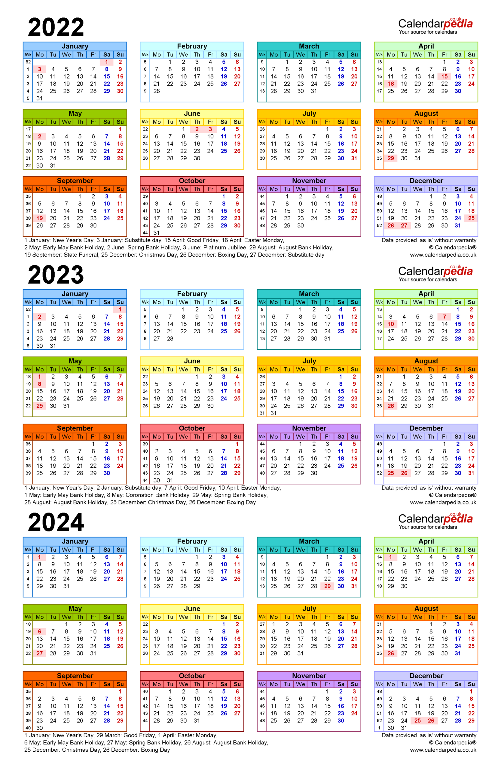 Three Year Calendars For 2022, 2023 &amp;amp; 2024 (Uk) For Pdf | Printable 3 Year Calendar 2022 To 2024