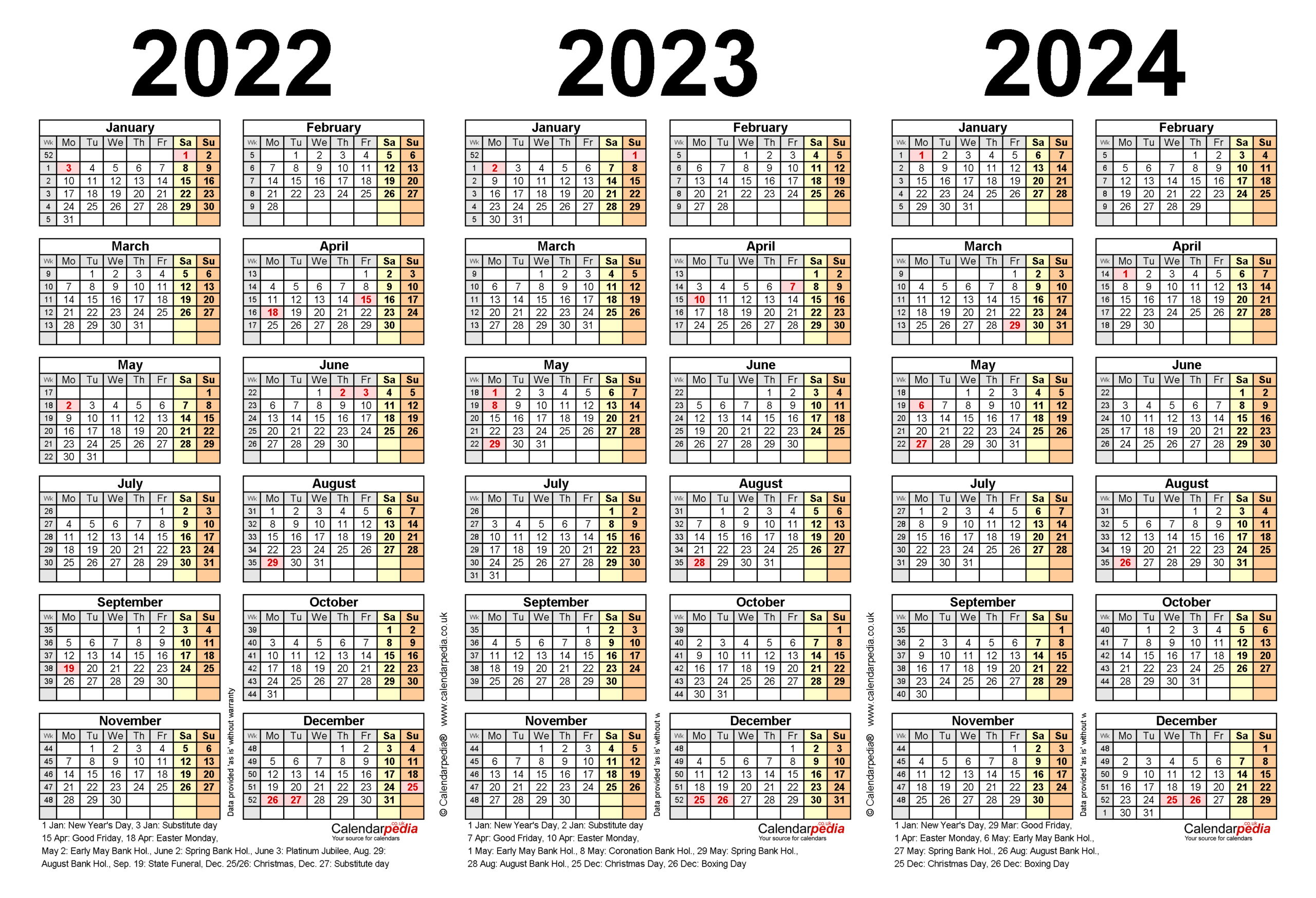 Free Printable 3 Year Calendar 2022 To 2024 