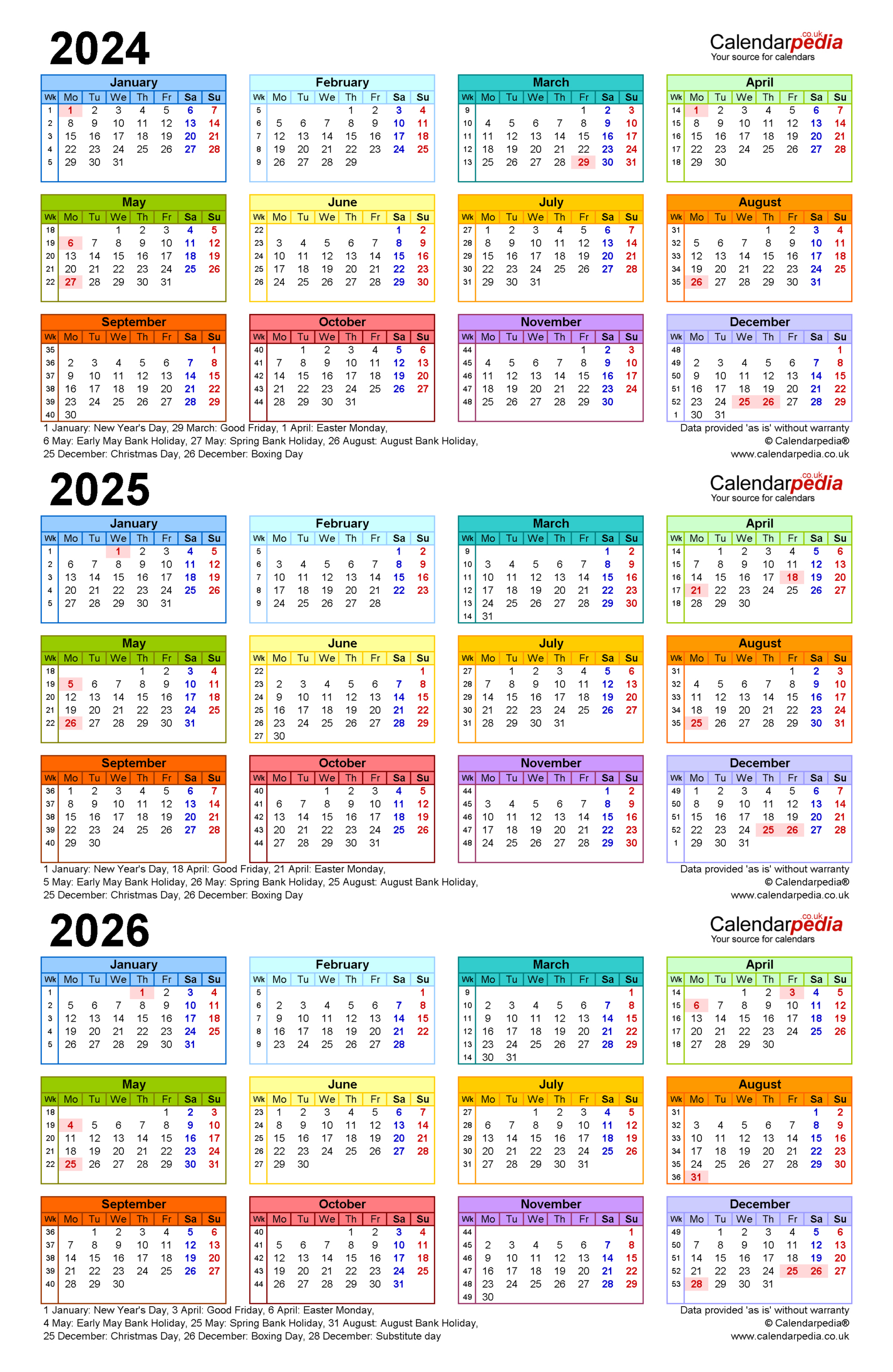 Three Year Calendars For 2024, 2025 &amp;amp; 2026 (Uk) For Pdf | 3 Year Calendar 2024 To 2026 Printable