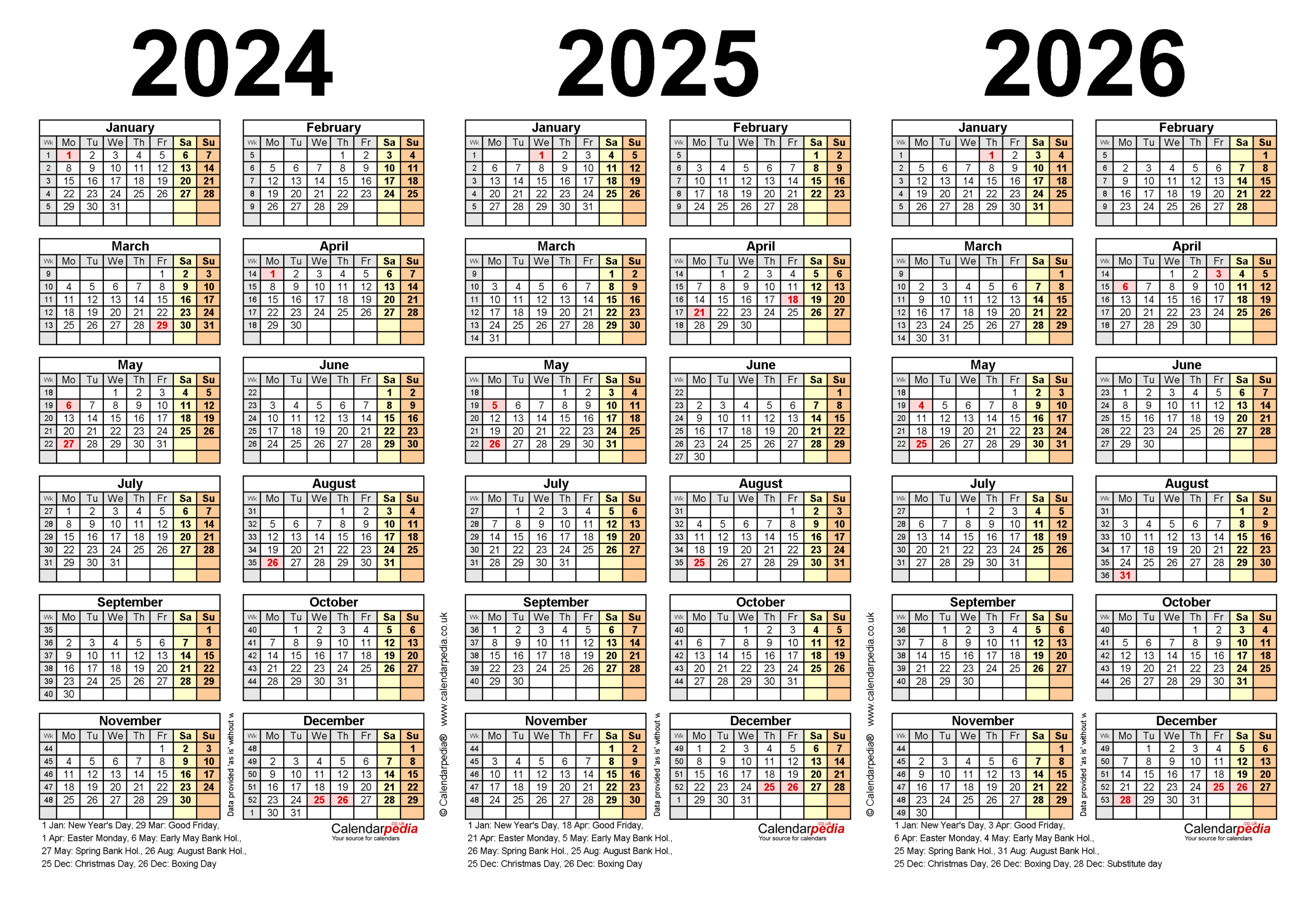 Three Year Calendars For 2024, 2025 &amp;amp; 2026 (Uk) For Pdf |  Calendar 2024